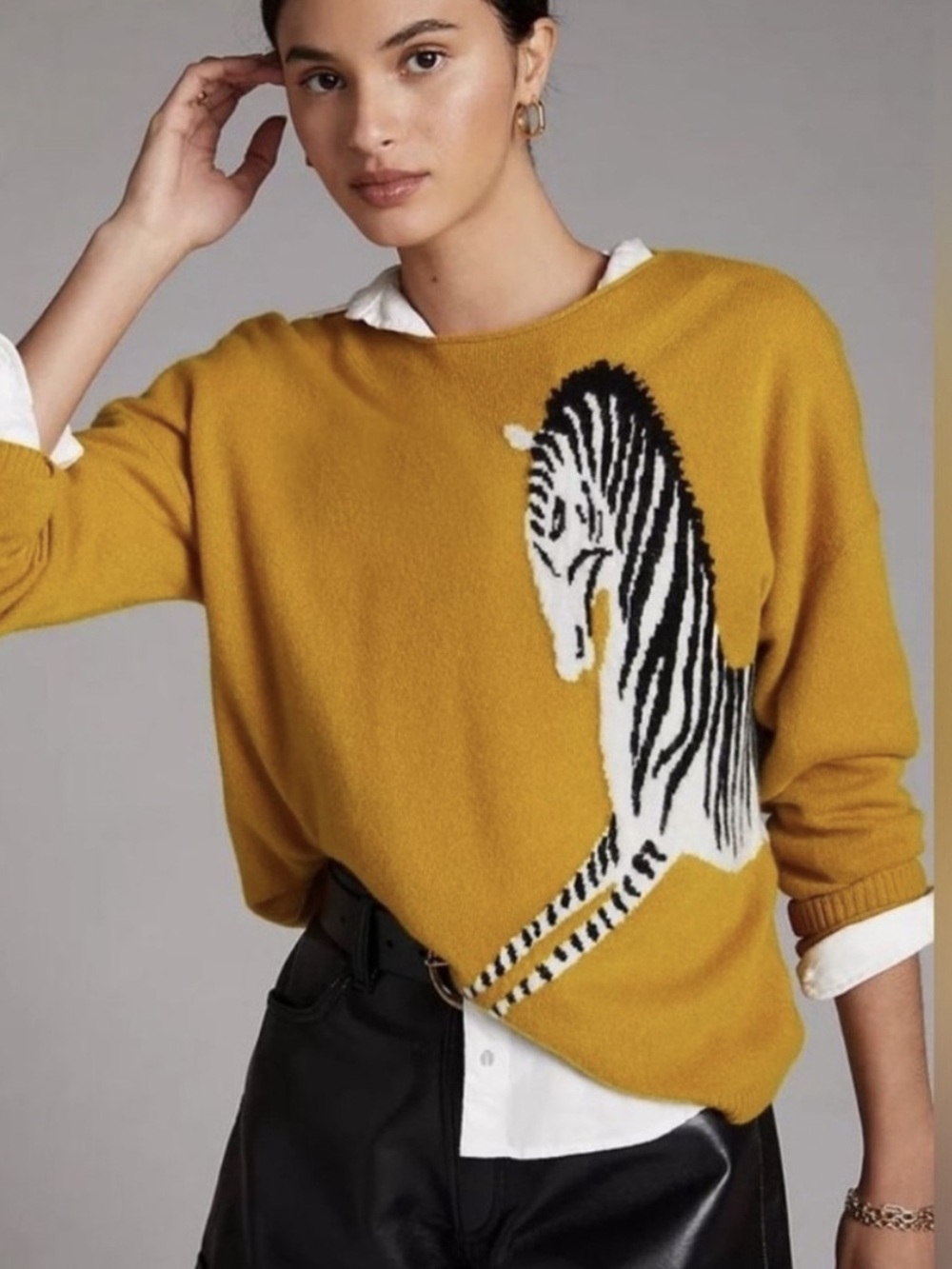 Maeve Mustard Zebra Intarsia Cashmere Crewneck Sweater Size M